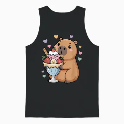 Capybara Cartoon with Ice Cup Shaped Water Pig Unisex Tank Top - Black