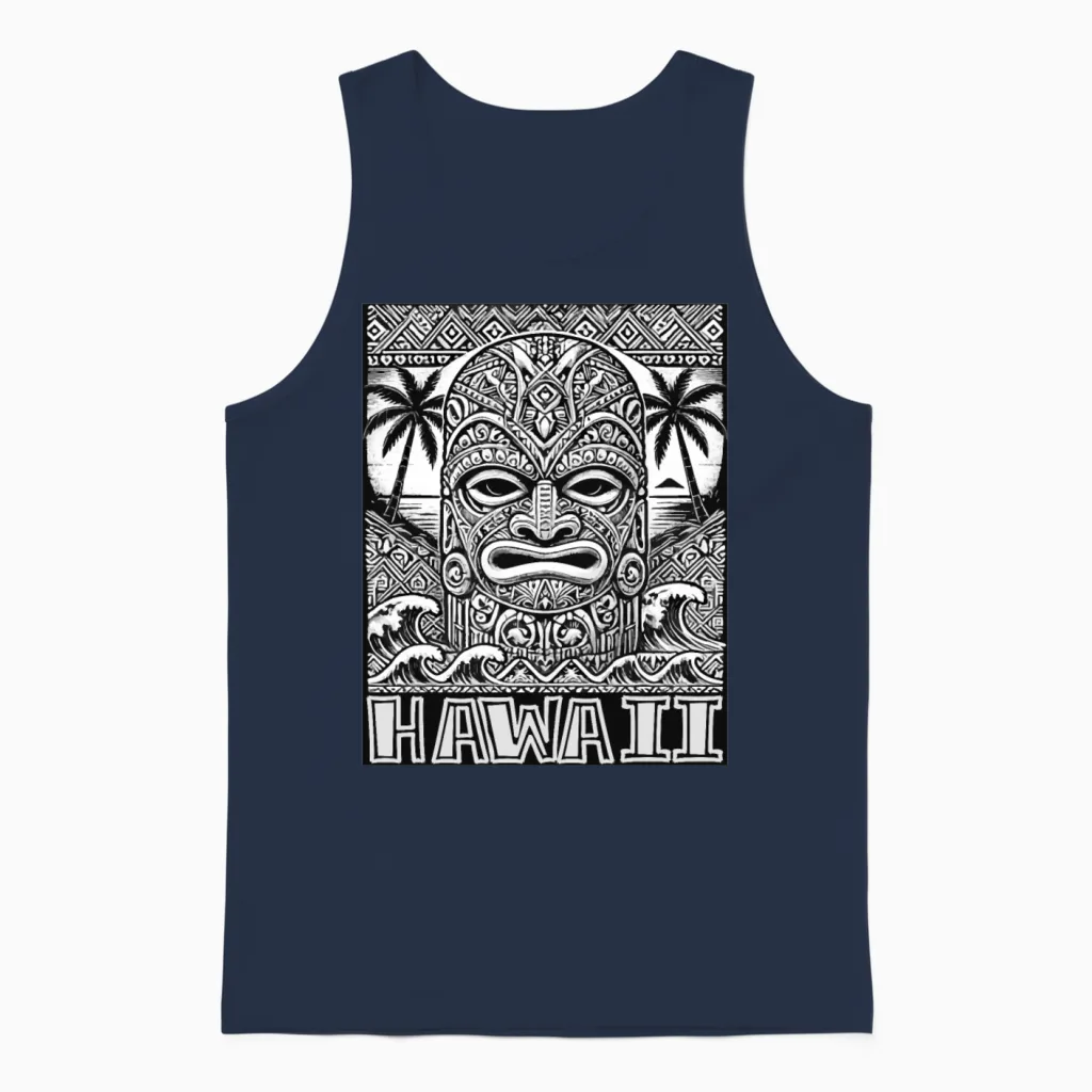 Hawaiian Tiki Mask Tribal Art Island Tribal Vibes Unisex Tank Top in Navy