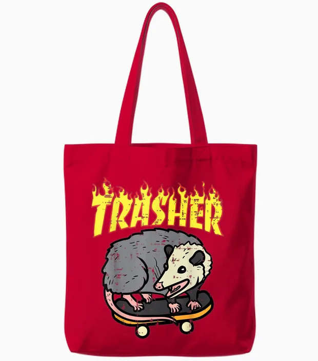 Opossum Skateboard Trasher Funny Possum Skater Men Boys Tote Bags in Red