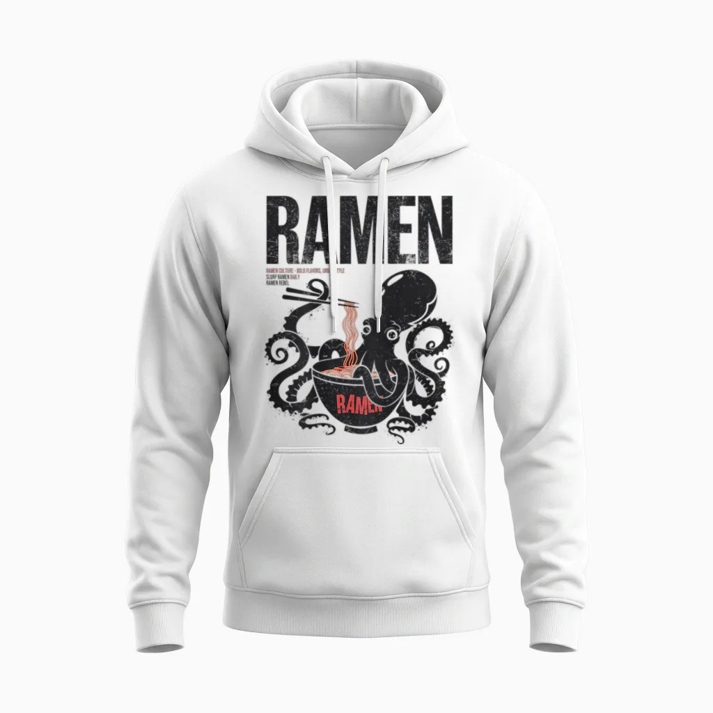 Ramen Anime Manga Kawaii Otaku Fashion Backprint Streetwear T-Shirt, Gray Unisex Hoodie in White