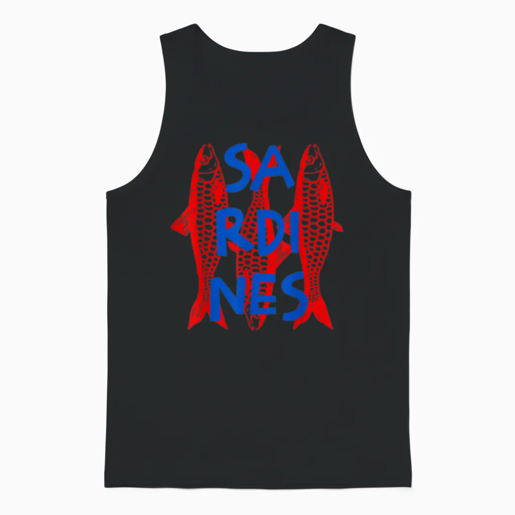 Retro Distressed Graphic Sardines Fish for Men and Women Unisex Tank Top in Black