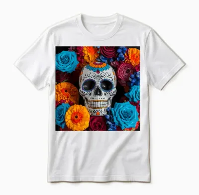 Mexican Skull Dia De Muertos Day of the Dead Floral T-Shirt, Black, S Unisex T-Shirt - White