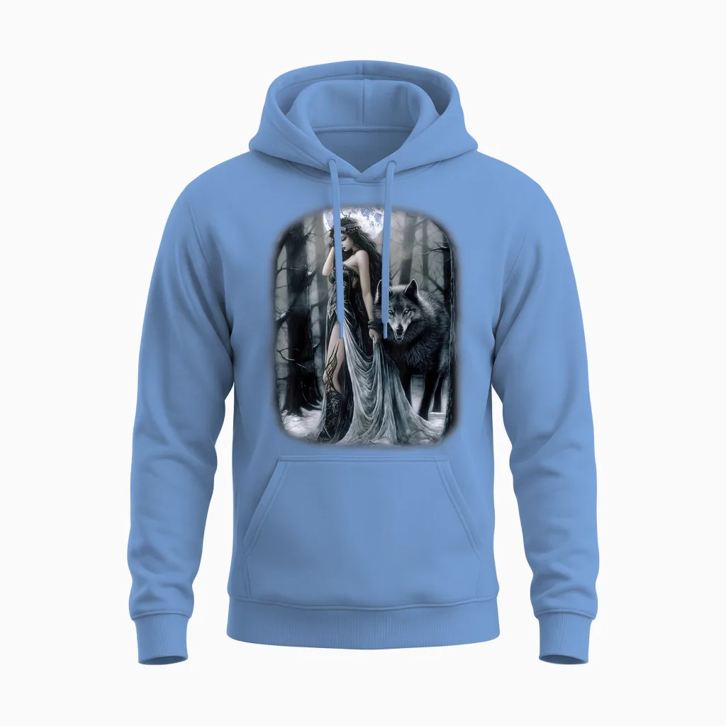 Frau Und Grauer Wolf Im Dunklen Wald Mit Mond Fantasy Unisex Hoodie in Carolina Blue