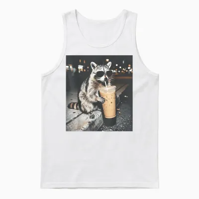 Raccoon Drinking Iced Coffee Funny Animal Meme Men Women Unisex Tank Top - White