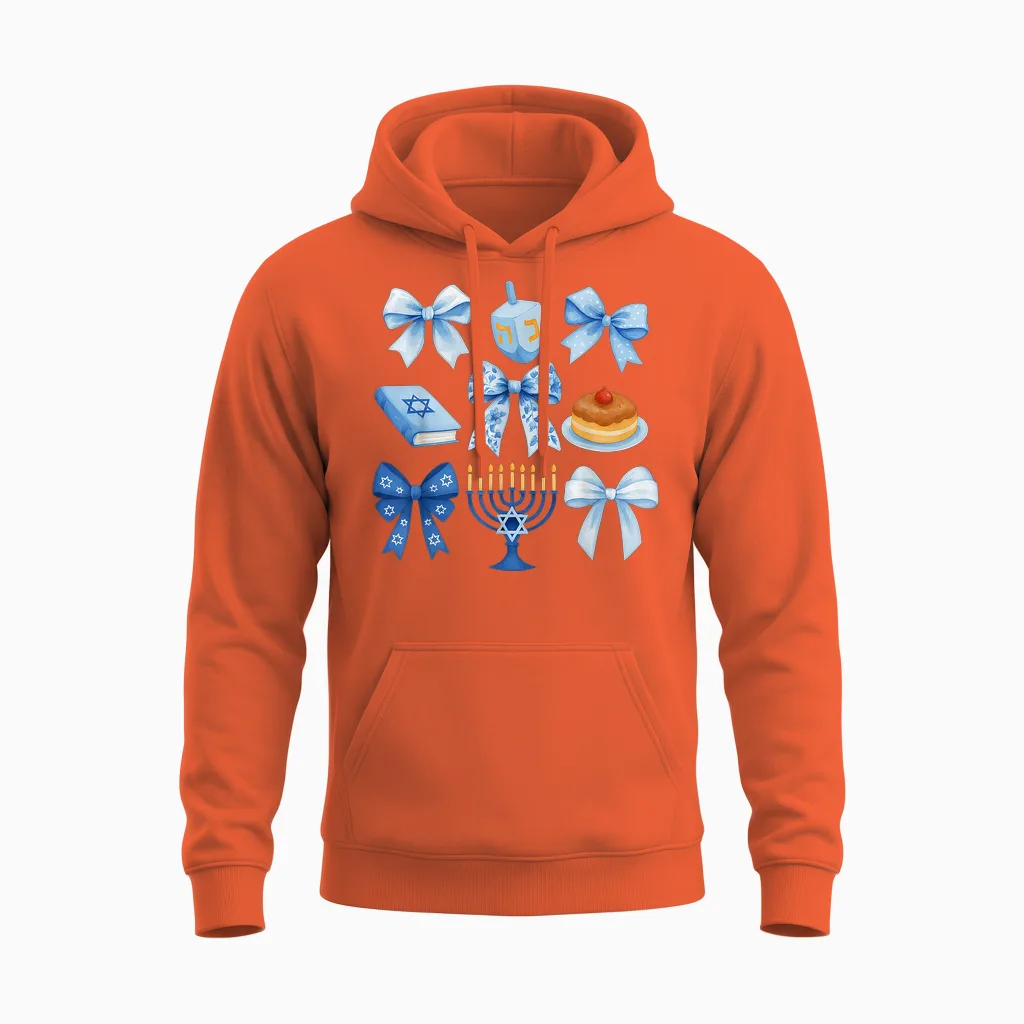 Girls Hanukkah Coquette Bow Dreidel Jewish Menorah Chanukah Unisex Hoodie in Orange