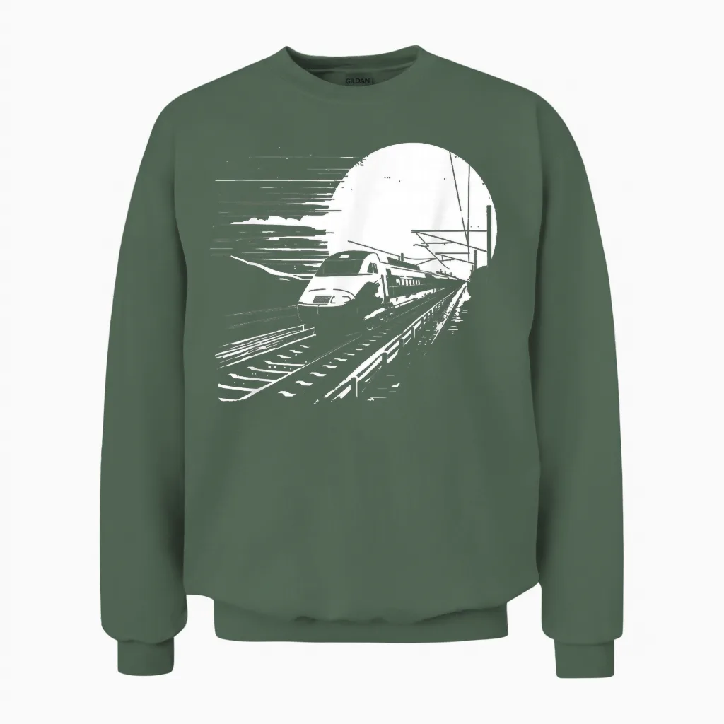 Railroad Graphic Train Lover Steam Locomotive Unisex Sweatshirt in Military Green