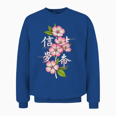 Japanese Flowers Printed Back Print Aesthetic Unisex Sweatshirt - Royal