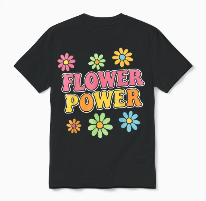 Retro Flower Power 60er 70er Jahre ästhetischer Hippie Boho Stil Unisex T-Shirt in Black