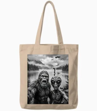 Bigfoot Et Alien Selfie Avec Le Monstre Du Loch Ness Ufo Tote Bags - Natural