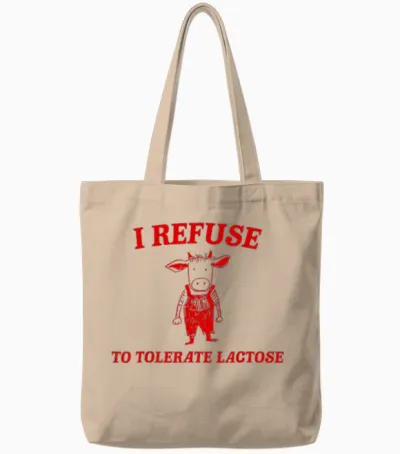 I Refuse to Tolerate Lactose, Funny Retro Cow in Vintage T-Shirt, White Tote Bags - Natural