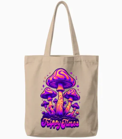 Trippy Times Psychedelic Mushroom Tote Bags - Natural