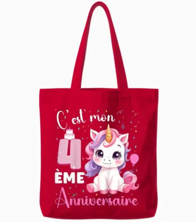 Enfant C'est Mon 4 ème Anniversaire Unicorn Birthday 4 Years T-Shirt, Black, 2 Tote Bags - Red