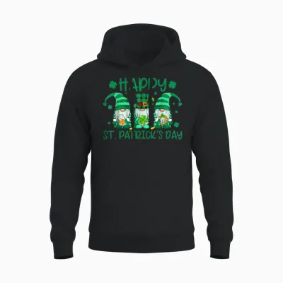 Three Gnomes Holding Shamrock Leopard Plaid St Patrick's Day Unisex Hoodie - Black