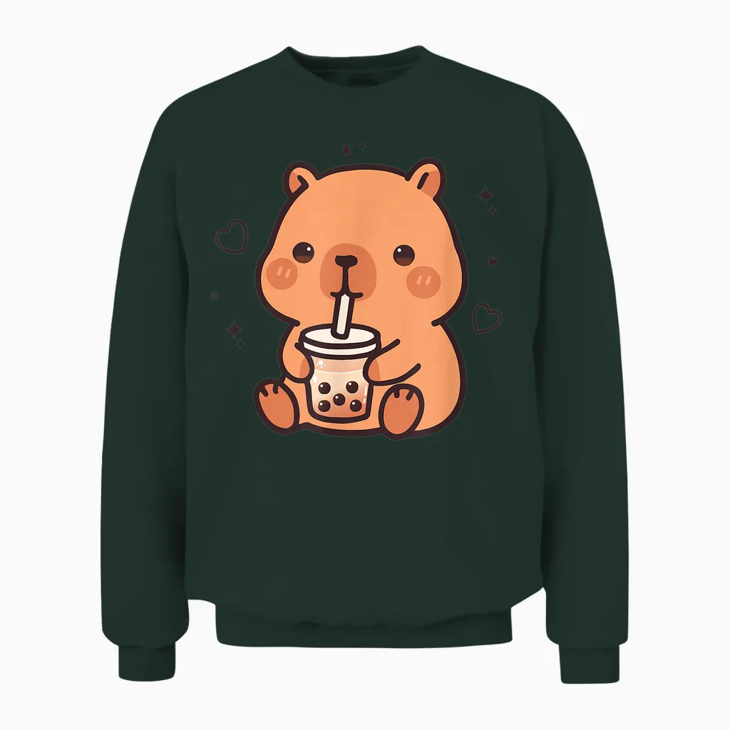 Kawaii Capybara Boba Bubble Tea Cute Anime Girls Boys Teens Unisex Sweatshirt in Forest