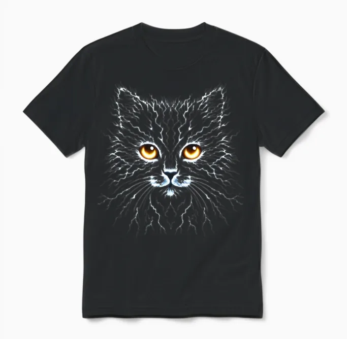 Electric Lightning Cat Portrait Unisex T-Shirt in Black