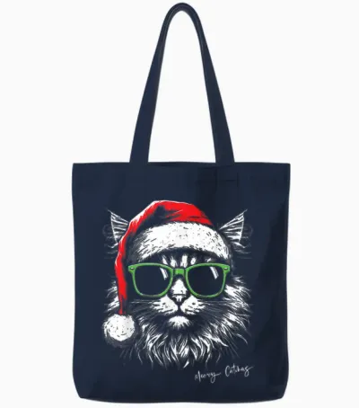 Meowy Catmas Santa Hat Cute Cat Christmas Pajamas Xmas Tote Bags - Navy