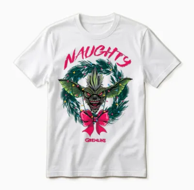 Gremlins Naughty Gremlin Wreath Retro Holiday Movie Unisex T-Shirt - White