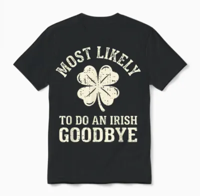 Most Likely to Do an Irish Exit Goodbye Funny St Patricks Unisex T-Shirt - Black