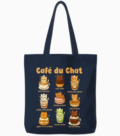 Café Du Chat Cute Cats Coffee Pun Kawaii Drink Art Tote Bags - Navy