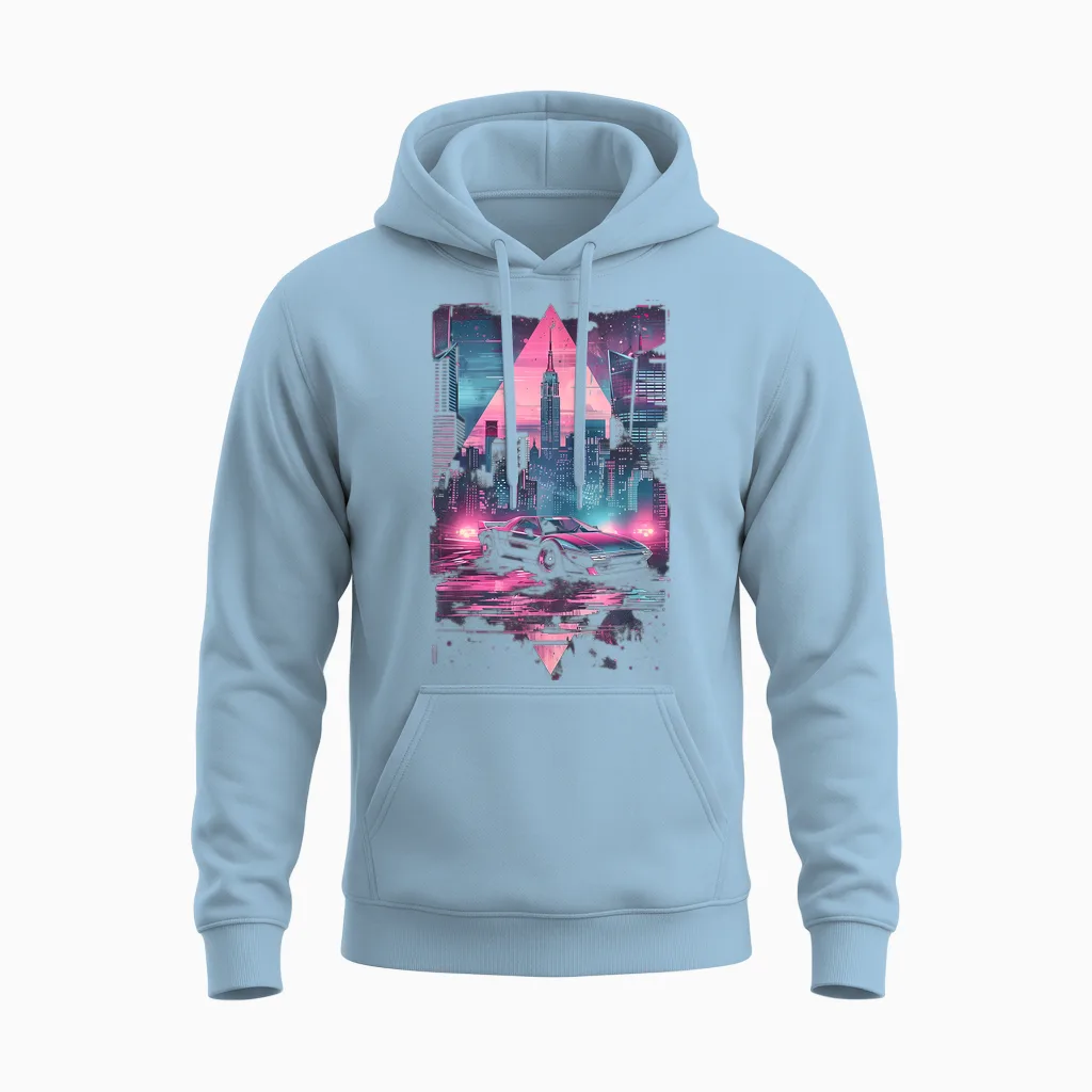 1980s 1990s Retro Car Retrowave Aesthetic with City Skyline Unisex Hoodie in Light Blue