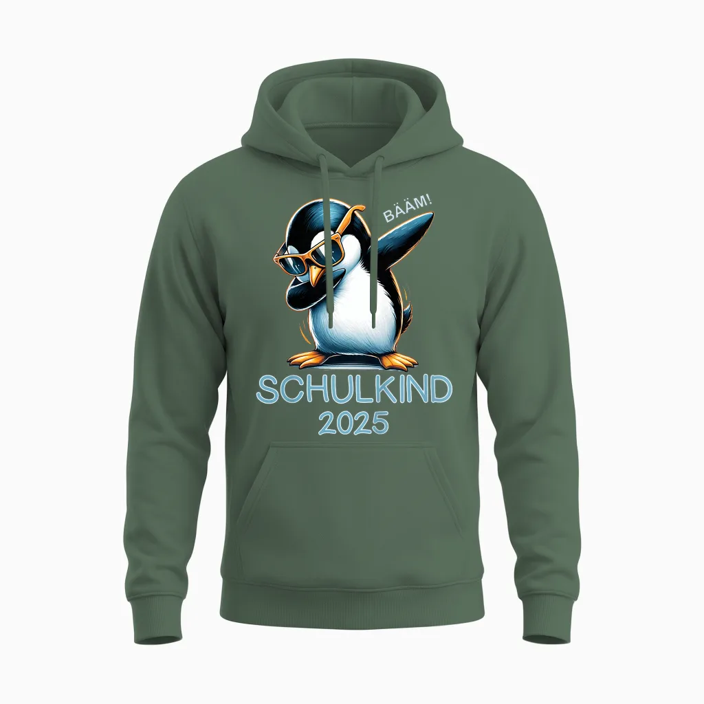 Children's School Child 2025 1st Class School Trees Penguin Dabbing Unisex Hoodie in Military Green