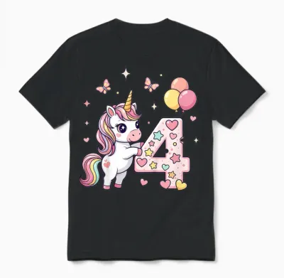 Kids Cute Unicorn 4th Birthday Party Outfit for Girls 4 Years Old Unisex T-Shirt - Black