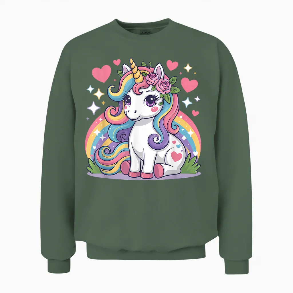 Super Cute Unicorn with Rainbow and Stars Unicorn Unisex Sweatshirt in Military Green