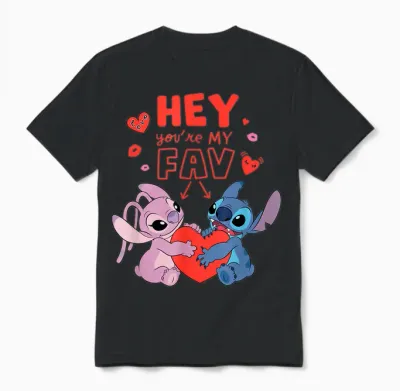 Disney Stitch & Angel Hey You're My Fav Love Valentine's Day Unisex T-Shirt - Black