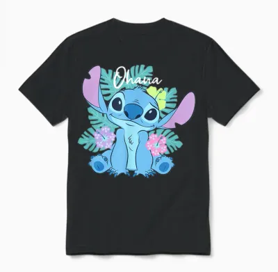 Disney Lilo & Stitch Ohana Adorable Pose Floral Logo Unisex T-Shirt - Black