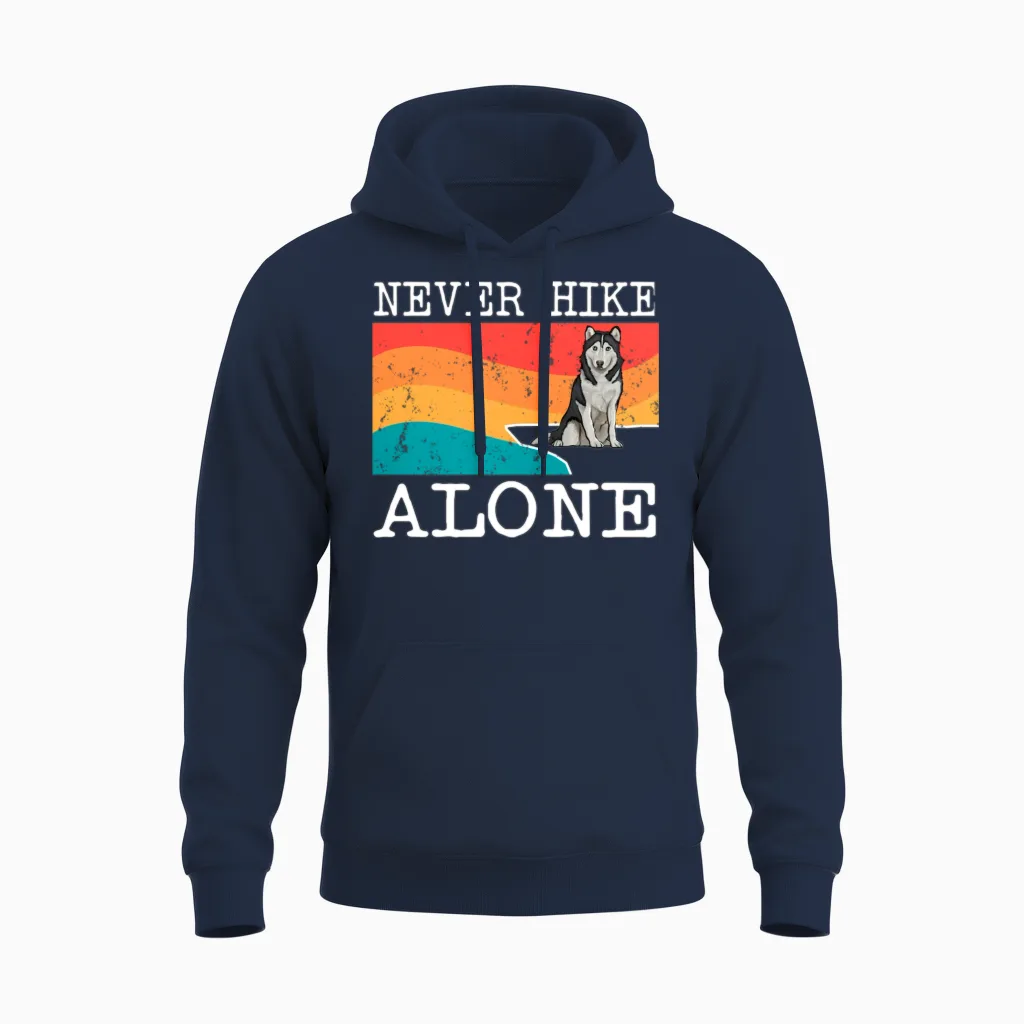 Never Hike Alone Siberian Huy Hiking Unisex Hoodie in Navy
