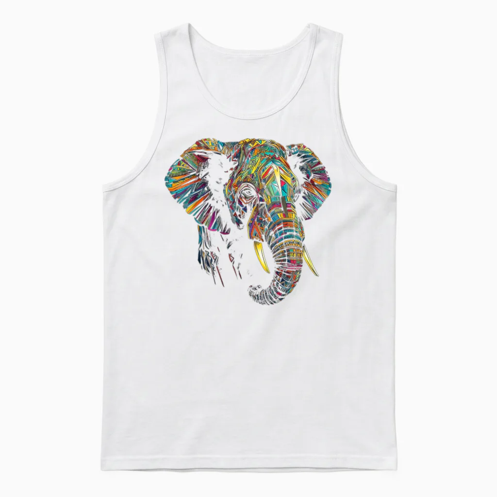 Elephant T-Shirt with Colourful Animal Design, Black Unisex Tank Top in White