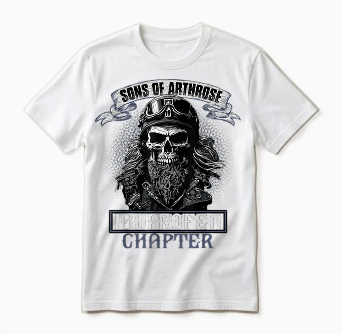 Sons of Arthrosis Ibuprofen Chapter Biker Motorcyclist T-Shirt, Black Unisex T-Shirt in White