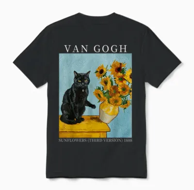 Van Gogh Black Cat with Sunflowers Funny Cat Meme Unisex T-Shirt - Black