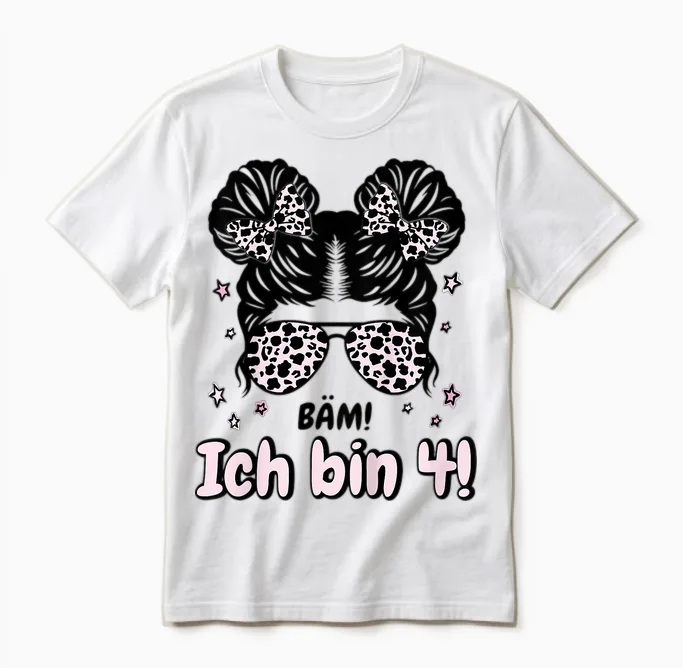 Kinder 4. Geburtstag Mädchen Messy Bun Bäm! Ich Bin Vier Unisex T-Shirt in White