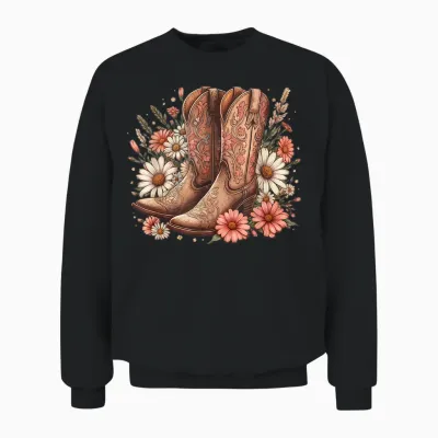 Cowgirl Boots Retro Western Country Concert Pink Boots Girl T-Shirt, Black, S Unisex Sweatshirt - Black