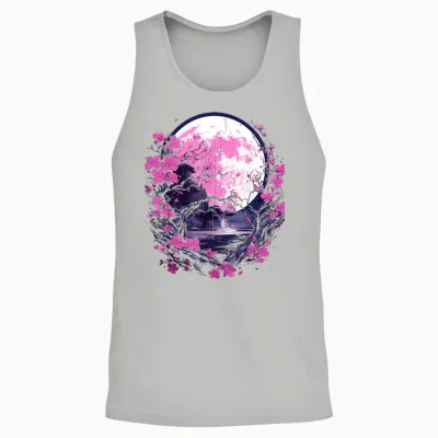 Japanese Cherry Blossom Cherry Blossom and Moon Japan T-Shirt, Black Unisex Tank Top - Ash