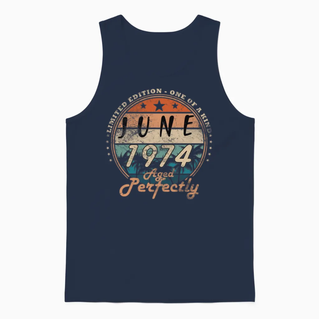 June 1974 Vintage Birthday Present Unisex Tank Top in Navy