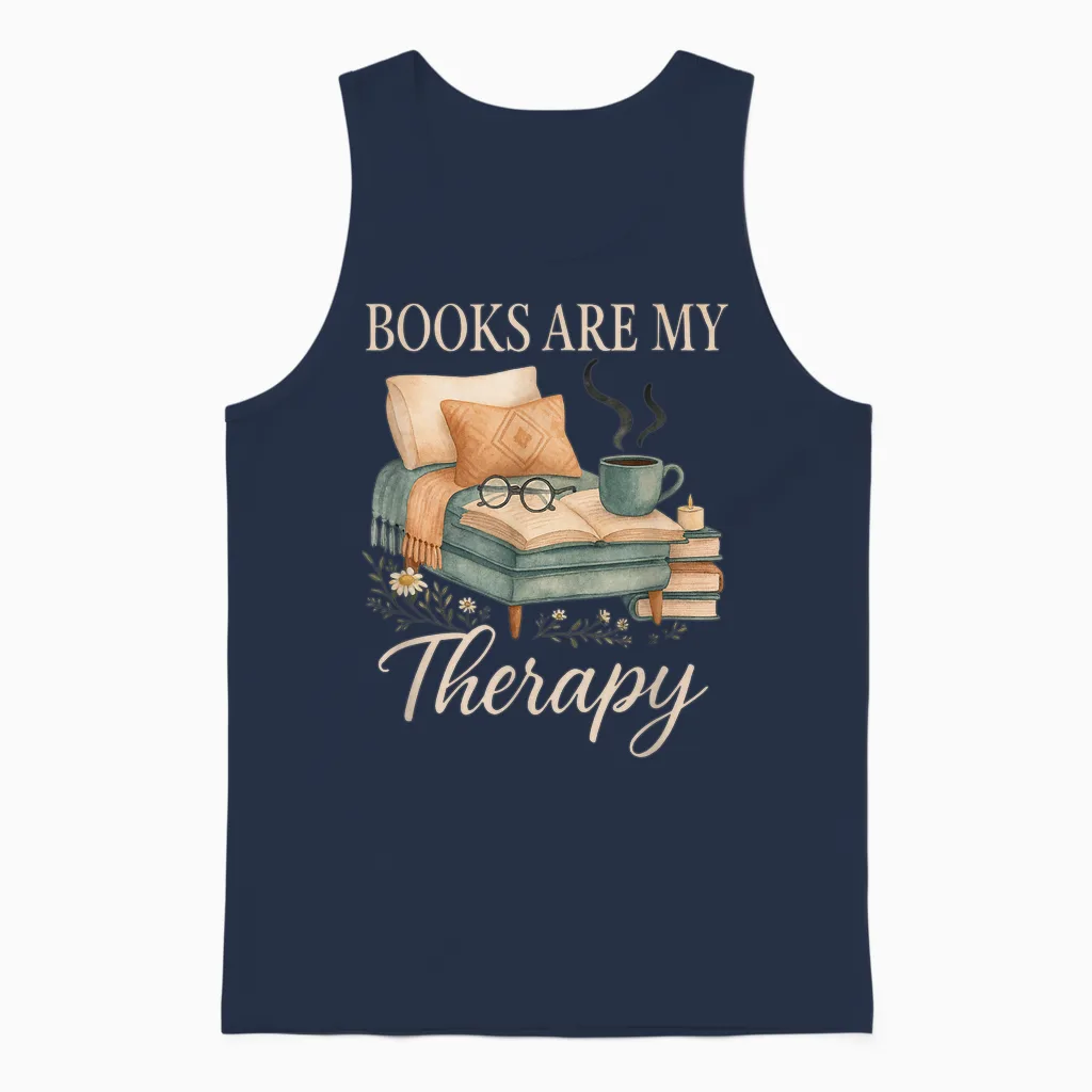 Books Are My Therapy Cozy Reading Nook Aesthetic Unisex Tank Top in Navy