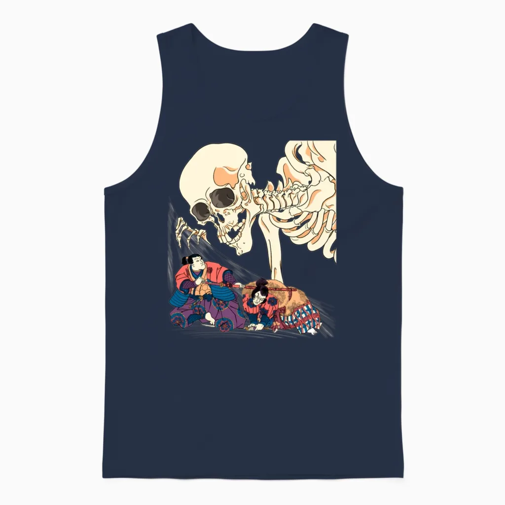 Kuniyoshi Samurai Killing Skeleton Spectre Ukiyo-E Unisex Tank Top in Navy