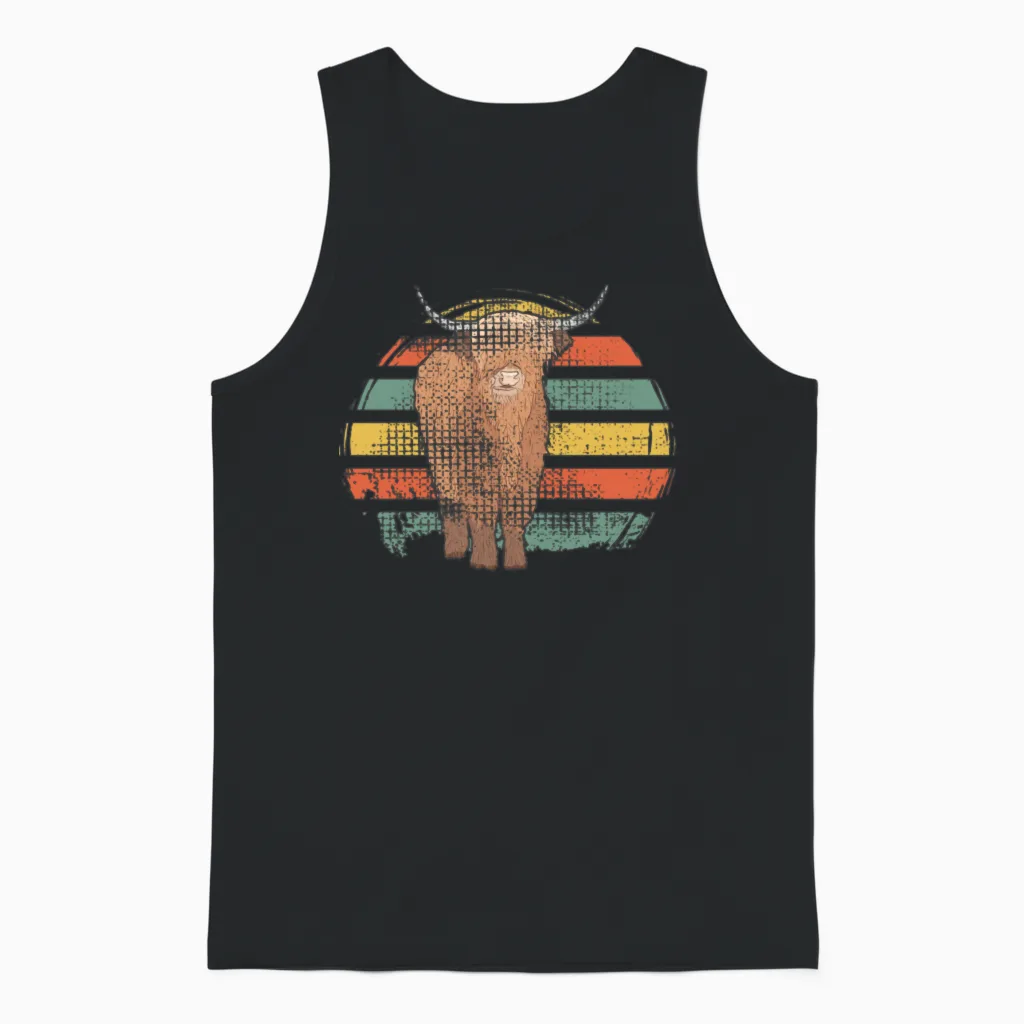 Highland Cow Retro Farm & Country Unisex Tank Top in Black