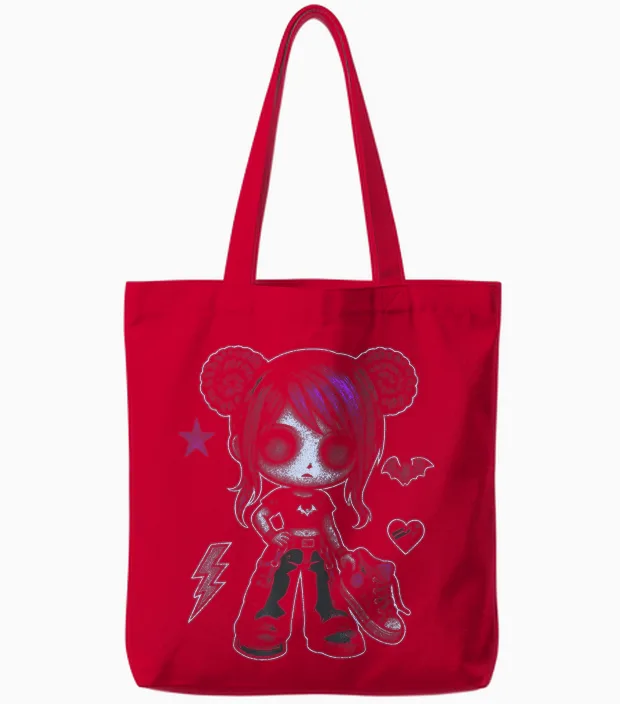 Emo Girl with Purple Highlights and Bat Goth Girl Tote Bags in Red