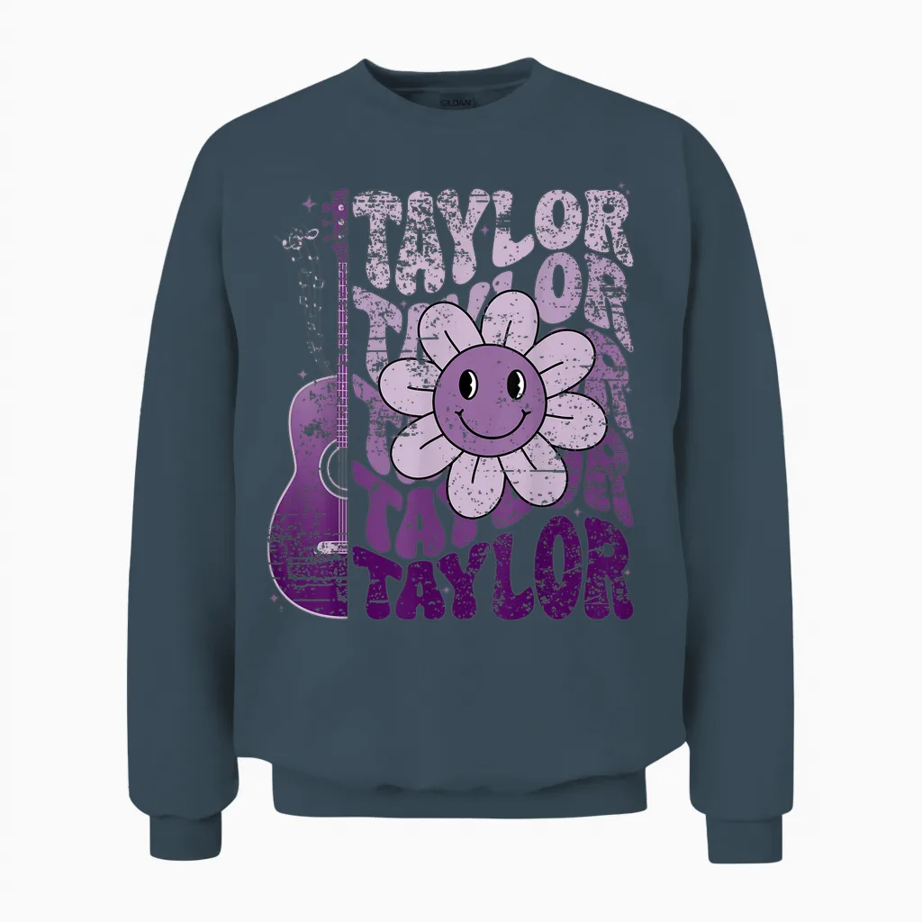 Taylor First Name I Love Taylor Girl Groovy 80's Vintage Unisex Sweatshirt in Dark Heather