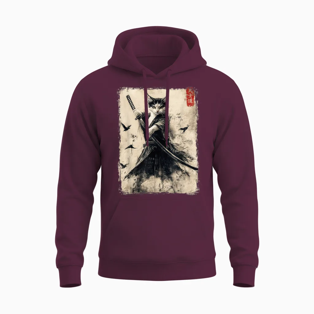 Samurai Cat Graphic Tee Warrior Vintage Japanese Art Anime Unisex Hoodie in Maroon