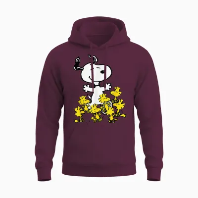 Peanuts Snoopy Chick Party Crew Neck T-Shirt - Classic Fit, Adult, Black Unisex Hoodie - Maroon