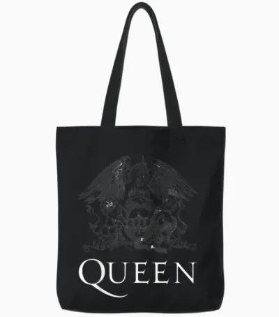 Queen Official Classic Crest Logo White T-Shirt, Black Tote Bags - Black