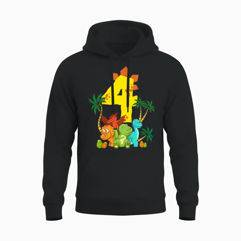 Children's 4 Years Birthday Boy Dinosaur Party Dino I Am 4 T-Shirt, Black Unisex Hoodie in Black
