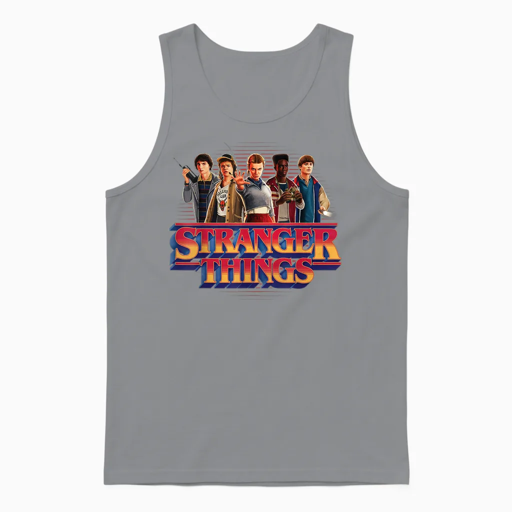 Stranger Things Season 5 Main Crew 80's Style Group Logo Unisex Tank Top in Sport Grey