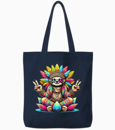 Hippie Sloth, Peace Sign, 70s Party & Costume 60s 70s T-Shirt, Black, S Tote Bags - Navy