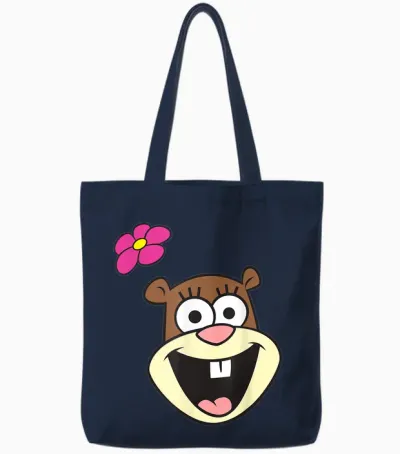 Spongebob Squarepants Cheerful Sandy Cheeks Big Face T-Shirt, Gray Tote Bags - Navy