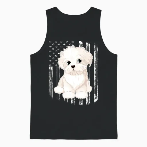 Distressed American Flag Maltese Dog Unisex Tank Top in Black